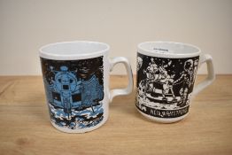 .Two Staffordshire Pottery Moonlanding celebration mugs, one with slight chip to base.