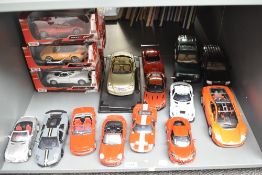 Sixteen Motor Max mixed scale Die-casts including Mustangs, Volkswagens, Porsches etc, 1:18 & 1:24