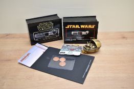 Two MR Master Replicas Star Wars Lightsabers, Darth Vader and Yoda, both boxed along with Star