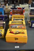 Seven Corgi Die-casts, CC15102 JCB 3C MK1, 43201 & 43203 KMB Buses, 43204 City Bus, CC89203