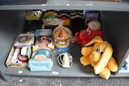 A shelf of mixed toys including Bendy Toys Dependable Bendy Bulls Eye in original display box, two