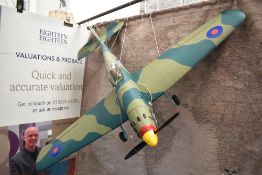 A wooden large scale hand made Spitfire model, RAF 25370 DOAV, pilot present, wing span 125cm,