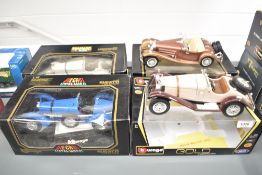 Four Burago 1:18 scale Die-casts, 3005 Bugatti Type 59 (1934), 3009 Mercedes Benz SSK (1928), 3020