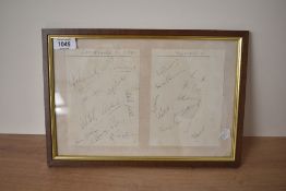 A 1950 Cricket Match framed signed pages, Lancashire XI vs Yorkshire XI Cricket Teams signed