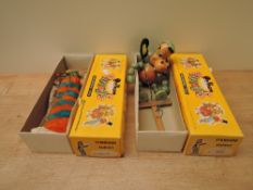 Two Pelham Standard Puppets, A3 Baby Dragon in green & black and A6 Caterpillar having orange and