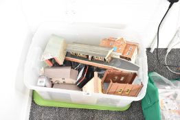 A box of 00 gauge accessories including Corgi Trackside model cars, vehicles, figures , card