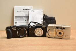 A Canon Lite Touch Zoom 70 WS AF camera, a Nikon Coolpix L31 digital camera and a Lumix DMC TZ40
