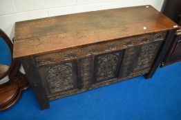 An 18th Century carved oak three panel coffer, approx dimensions 122 x 42 x 63cm