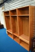 Three vintage/modern narrow laminate bookcases, height 186cm, two being 61 and one 78cm wide