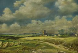 Walter Pip Phillips (20th Century, British), pastel, A countryside landscape with church and sea
