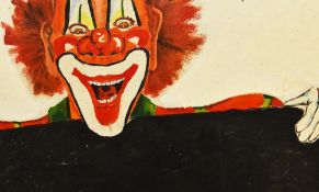 20th Century, oil on board, A smiling clown, measuring 54cm x 74cm, a cardboard advert for the
