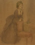 19th/20th Century School, watercolour, A pensive lady resting on a chair, signed indistinctly to the