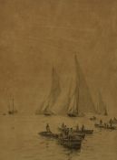 Rowland Langmaid (1897-1956, British), etching, 'Britannia, Shamrock, and Cambria in The Solent', of