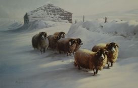 After Robert Nicholls (20th Century, British), coloured print, Sheep in a Winter Landscape, signed