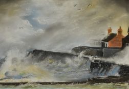 Ron Moore (20th Century, British), pastel, 'Raging Storm', a lively coastal landscape, signed to the