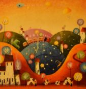 After AJ Callan (b.1958, British), coloured print, 'The Hills Are Alive', framed, measuring 60cm x