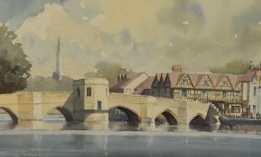 Eric Holmes (20th Century, British), watercolour, St Ives and its bridge, Cambridgeshire, signed