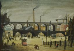 After Arthur Delaney (1927-1987, British), coloured print, 'Stockport Trams', framed, mounted, and