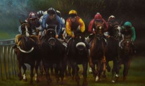 After Max Brandrett (b.1947, British), coloured print, 'Stewards' Enquiry', a horse racing scene,