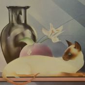 In the style of Carlos Rios (20th Century, Cuban), coloured print, 'Siamese Cat', framed, mounted,