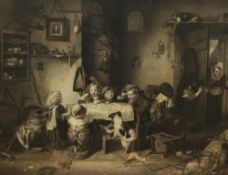 19th Century School, monochrome print, An interior scene with children, framed, mounted, and under