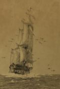 Rowland Langmaid (1897-1956, British), etching, A masted vessel at sea, signed to the lower right,