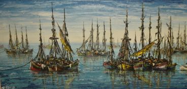 20th Century Continental School, oil on canvas, Moored fishing boats, signed 'Rodrig' to the lower