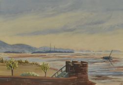 20th Century, watercolour, A coastal landscape in low light with viewing point to the foreground,
