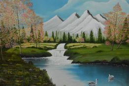 'Tom T.' (20th Century), oil on board, A picturesque landscape depicting an idyllic river with snowy