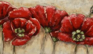 Contemporary, metal wall hanging, Red Poppies decor, raised flowers against a grey/cream backdrop,