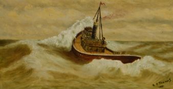 R.J. Thomas, oil on canvas, A steamboat at sea, signed and dated 1991 to the lower right, framed,