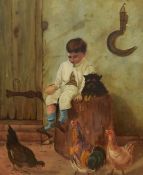 J.Jowle (19th/20th Century), oil on board, A boy feeding chickens, signed and dated 1895 to the