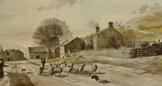 After Alan Ingham (1920-1994), coloured print, 'Down From The Hills', A sheep farming scene, framed,