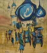 20th Century, print on material, A batik style print depicting water carriers on a busy street,