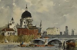 Edward Wesson (1910-1983, British), watercolour, St Paul's Cathedral and the River Thames from