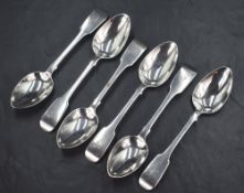 A set of six William IV silver fiddle pattern teaspoons, having 'F' engraved to the terminals, marks