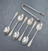 A cased set of six late Victorian silver teaspoons with a matching pair of sugar tongs, having