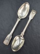 A pair of William IV silver Old English fiddle pattern serving spoons, having thread and shell