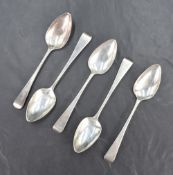 A group of five George III silver Old English pattern teaspoons with pointed bowls and engraved '