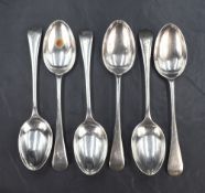A set of six Victorian silver Old English pattern table spoons, having engraved 'I' initial to