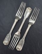 A group of three early Victorian silver fiddle pattern forks, having thread and shell decoration