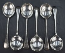 A set of six George V silver Old English pattern soup spoons, marks for Sheffield 1931, maker