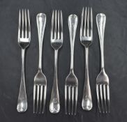 A set of six Victorian silver Hanoverian pattern dessert forks, having engraved 'I' initial to
