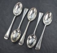 A group of five late 19th and early 20th century silver Old English teaspoons, having engraved '