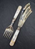 A late Victorian cased silver-mounted fish serving set, comprising fish slice and serving fork, each