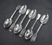 A set of six Victorian silver fiddle pattern teaspoons, having 'S.R.S' engraved to the terminals,