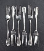 A set of six Edwardian silver dinner forks, of Hanoverian design with engraved 'FBW' monogram to