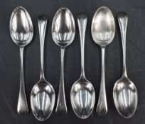 A set of six Victorian silver Old English pattern table spoons, having engraved 'I' initial to
