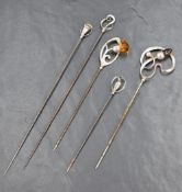 A group of five Charles Horner silver hat pins of various design, sold along with a silver hat pin