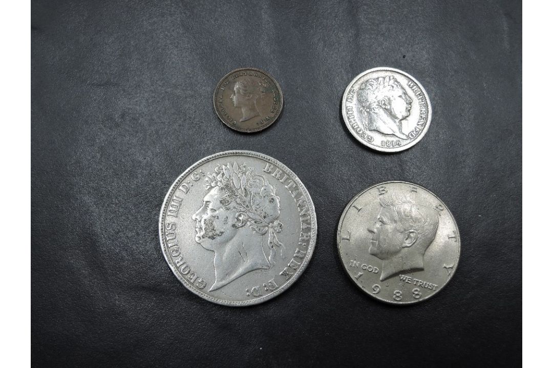 Four GB & US Coins, GB 1816 George III Silver Shilling, 1822 George III Silver Crown, 1843 Queen - Image 2 of 2